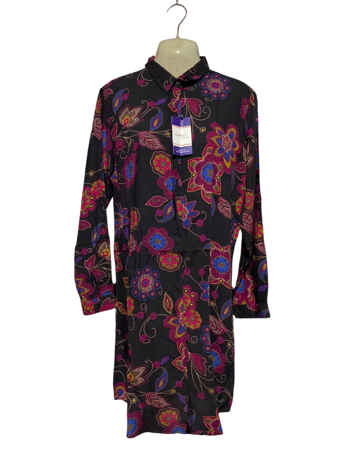 MY POLO X |L| BUST 19| A1| BLACK MULTICOLOR FLORAL BUTTON-DOWN SHIRT DRESS,