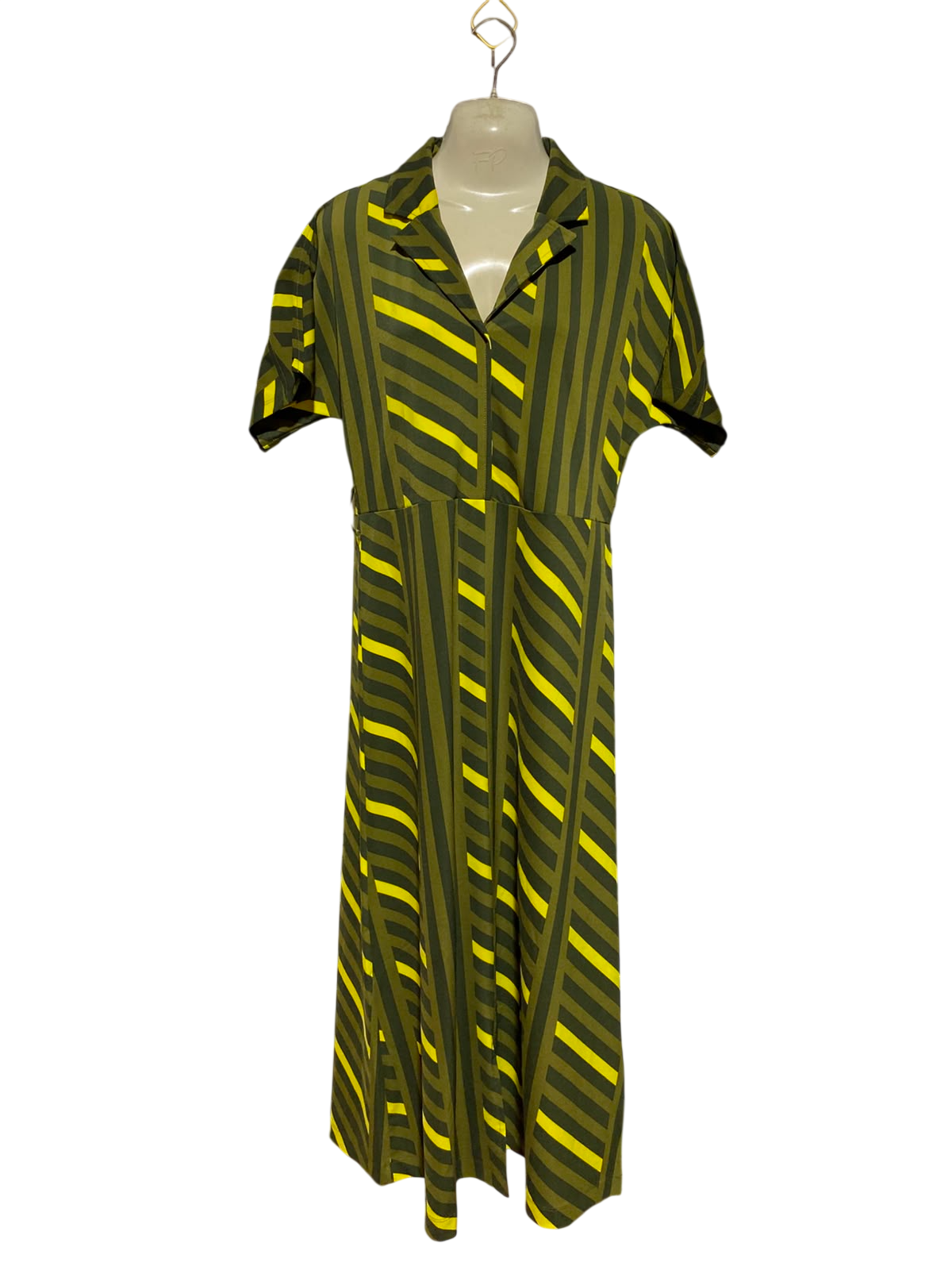 NEXT |M| BUST FREE| A1| RETRO OLIVE GREEN AND YELLOW MULTI-DIRECTIONAL STRIPE MIDI DRESS WITH NOTCHED COLLAR