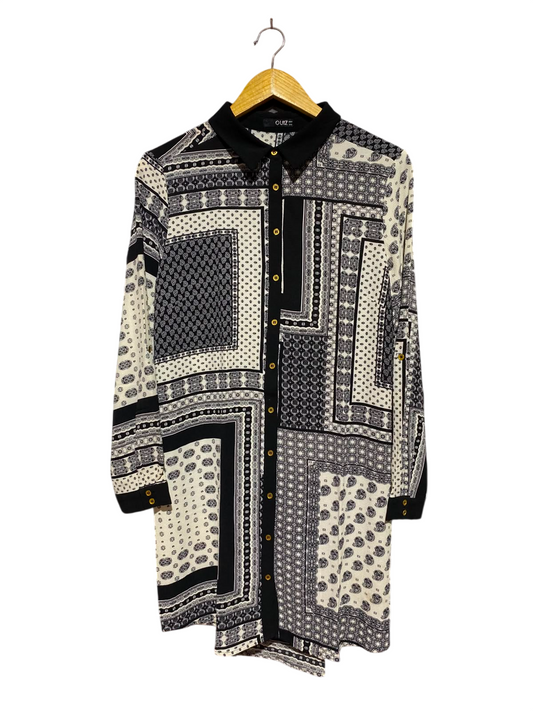QUIZ |M| BUST 19| A1| BLACK AND WHITE PAISLEY PATCHWORK SHIRT DRESS WITH GOLD BUTTONS