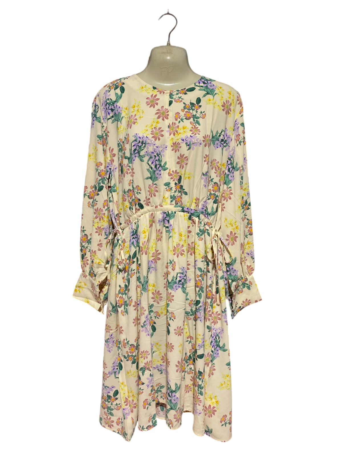 PDI |XL| BUST 22| A1| CREAM MULTICOLOR PASTEL FLORAL PRINT LONG SLEEVE MIDI DRESS WITH TIE-WAIST