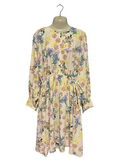 PDI |XL| BUST 22| A1| CREAM MULTICOLOR PASTEL FLORAL PRINT LONG SLEEVE MIDI DRESS WITH TIE-WAIST