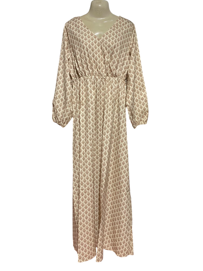 SHEIN |L| BUST 20| A1| CREAM AND RUST BROWN GEOMETRIC TREE PRINT SURPLICE V-NECK MAXI DRESS WITH LONG SLEEVES