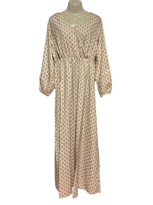 SHEIN |L| BUST 20| A1| CREAM AND RUST BROWN GEOMETRIC TREE PRINT SURPLICE V-NECK MAXI DRESS WITH LONG SLEEVES
