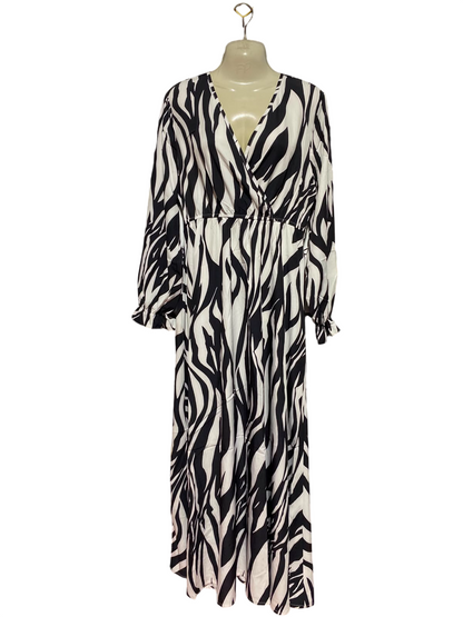 SHEIN |L| BUST 19| A1| BLACK AND WHITE ZEBRA STRIPE PRINT SURPLICE V-NECK MAXI DRESS WITH RUFFLED SLEEVES