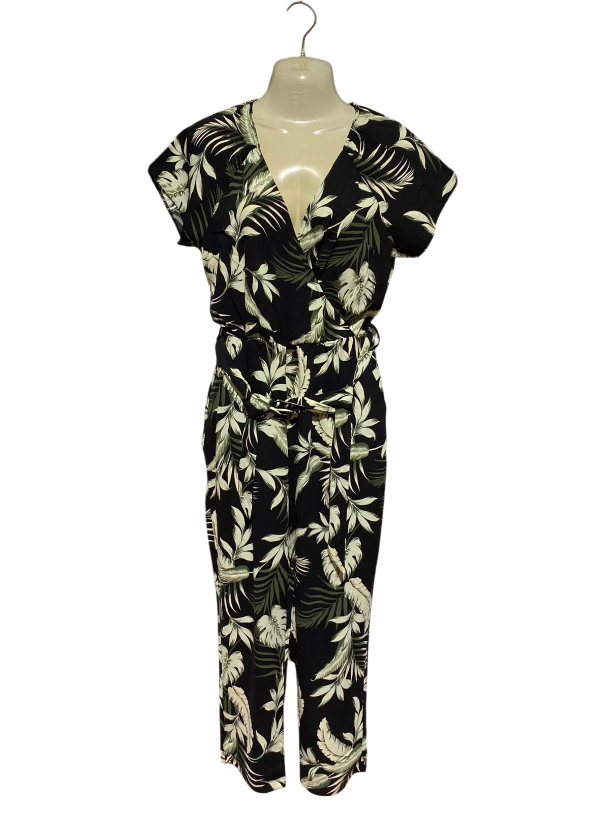 PRINCIPLE PETITE |S| BUST 16| A1| CHIC BLACK AND GREEN TROPICAL LEAF PRINT V-NECK JUMPSUIT WITH MATCHING BELT