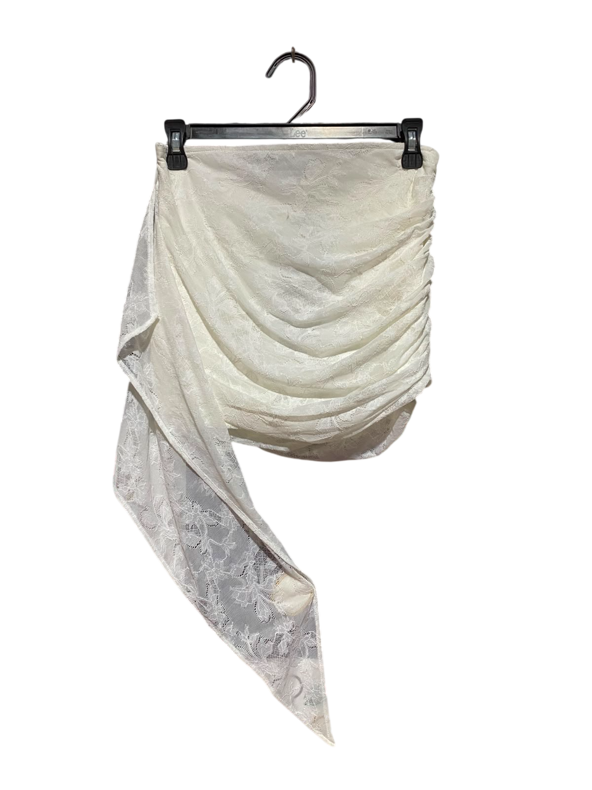 EGO |S| WAIST 26| A1| WHITE LACE RUCHED ASYMMETRICAL MINI SKIRT WITH DRAMATIC DRAPED SASH
