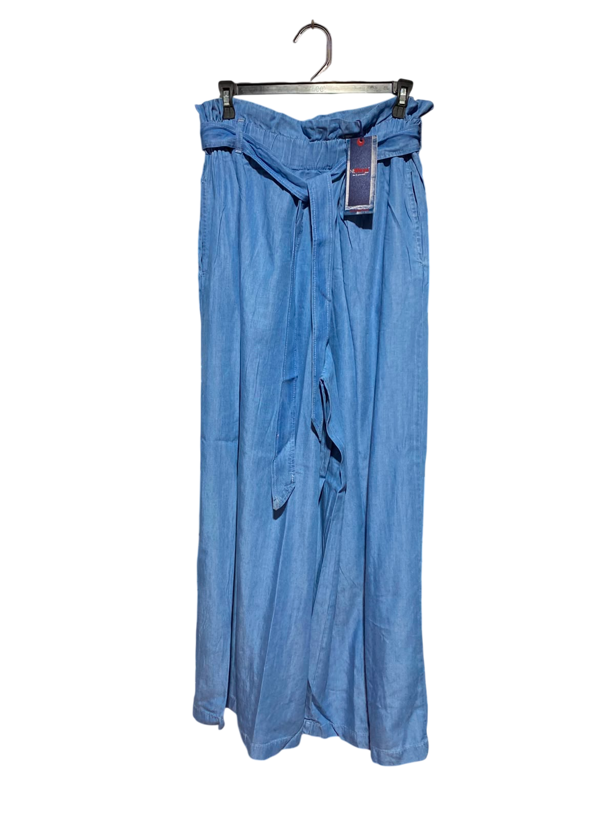 NEWAYS |L| WAIST 29| A1| LIGHT BLUE DENIM-LOOK PAPERBAG WAIST WIDE LEG PANTS WITH BELT