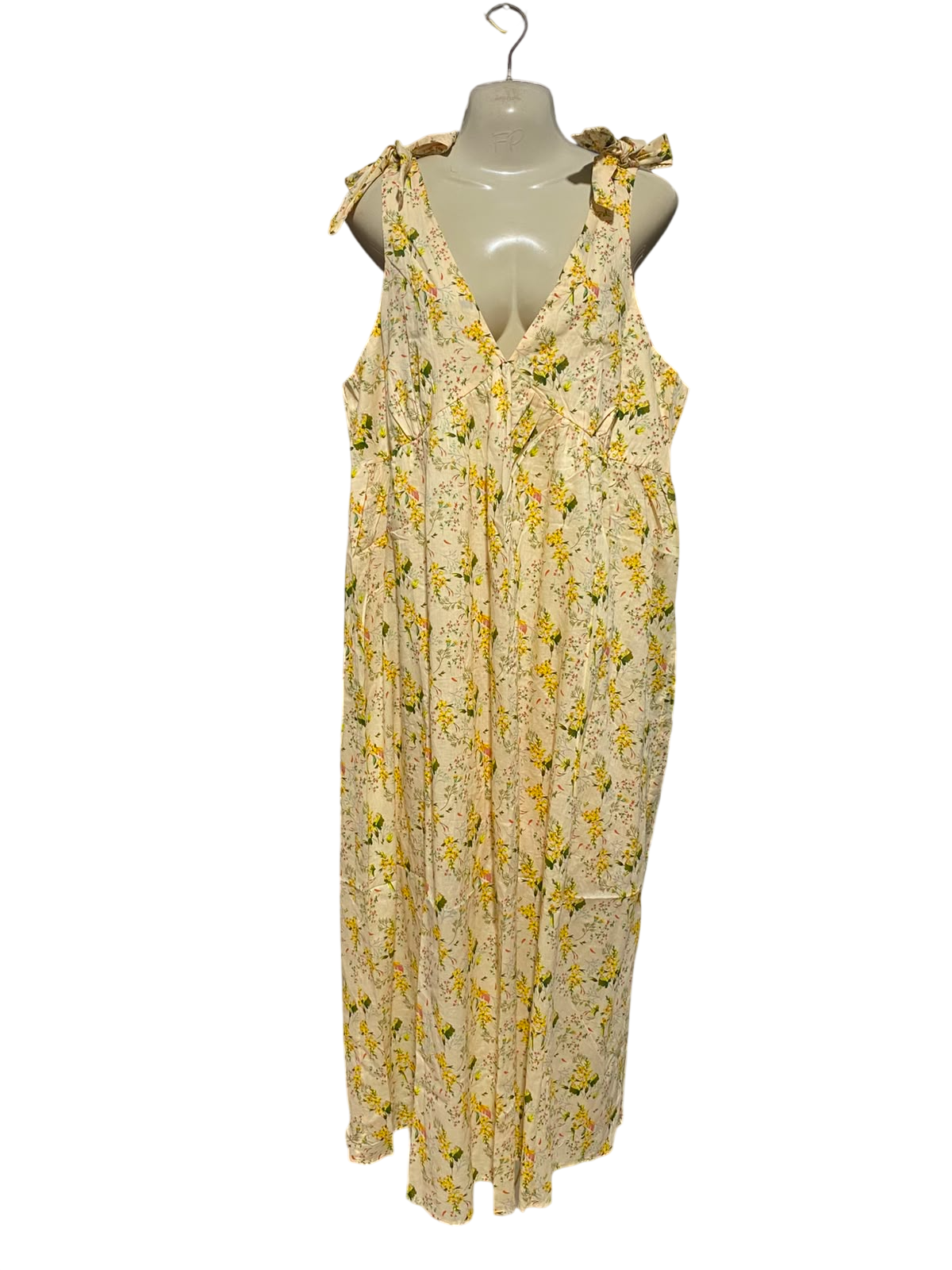 PRIMARK |L| BUST 20| A1| YELLOW FLORAL PRINT V-NECK MAXI DRESS WITH TIE-SHOULDER STRAPS