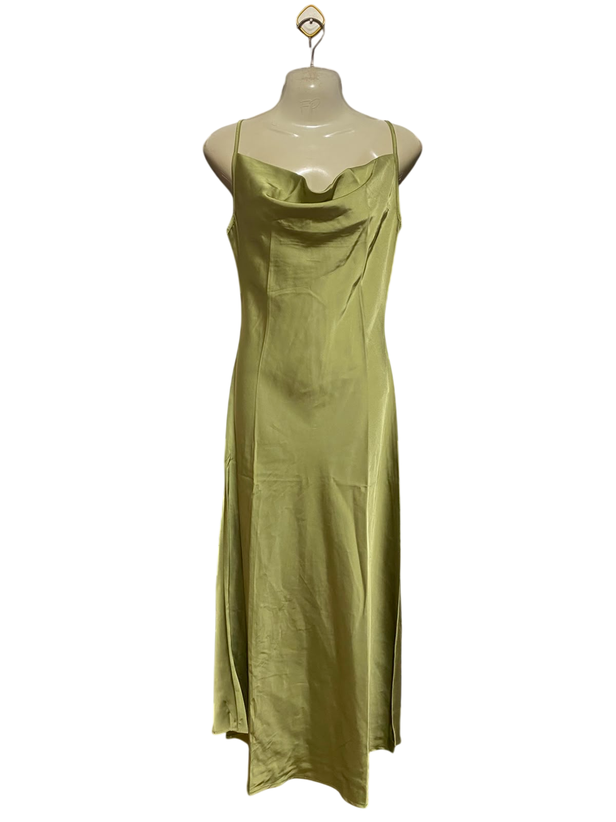SHEIN |XS| BUST 17| A1| ELEGANT OLIVE GREEN SATIN COWL NECK SLIP MIDI DRESS WITH SPAGHETTI STRAPS