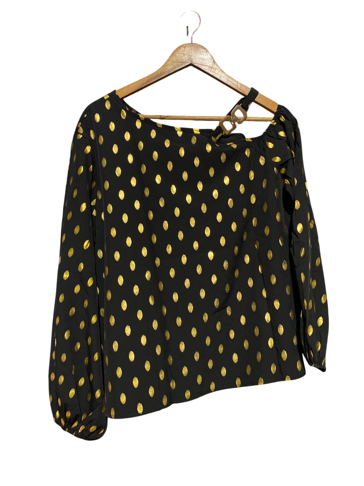|L| BUST 22| A1| BLACK AND GOLD METALLIC FOIL DOT ASYMMETRICAL ONE-SHOULDER LONG SLEEVE BLOUSE WITH CHAIN LINK STRAP
