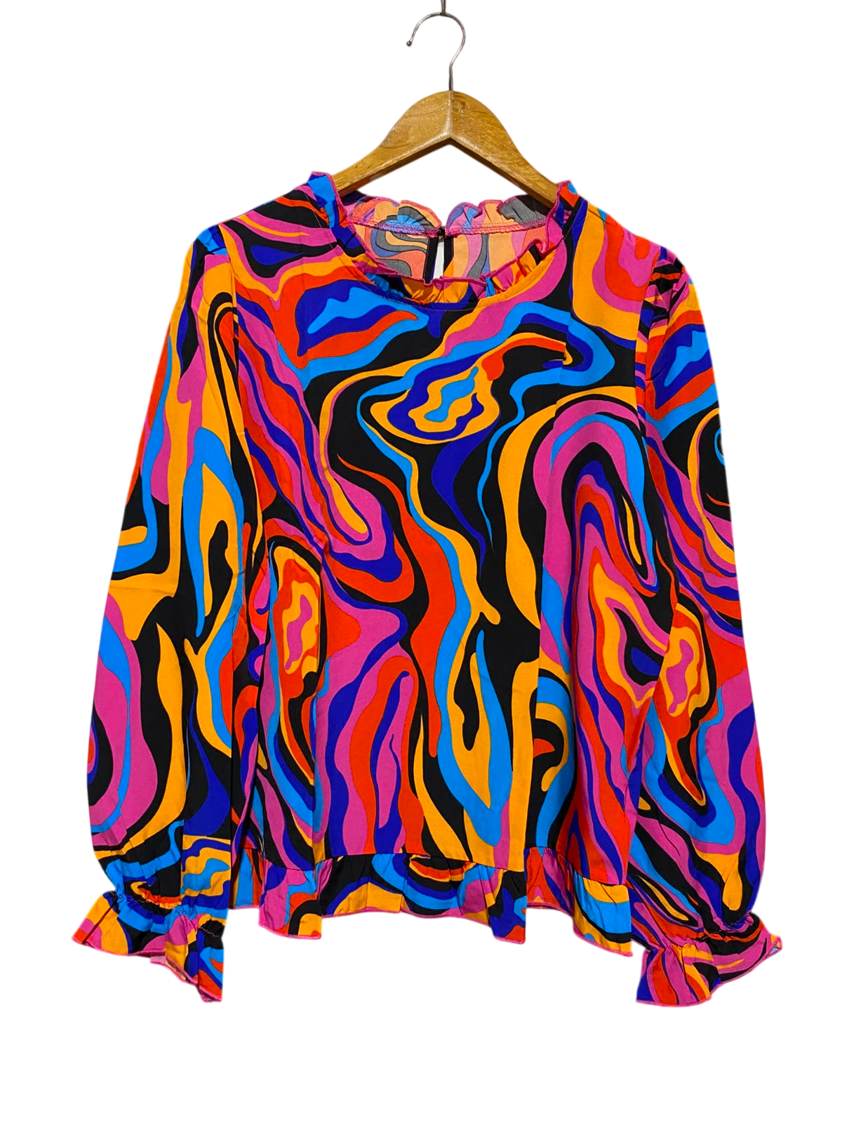 SHEIN |L| BUST 21| A1| RETRO PSYCHEDELIC SWIRL BLOUSE RUFFLED HIGH NECK LONG SLEEVE TOP