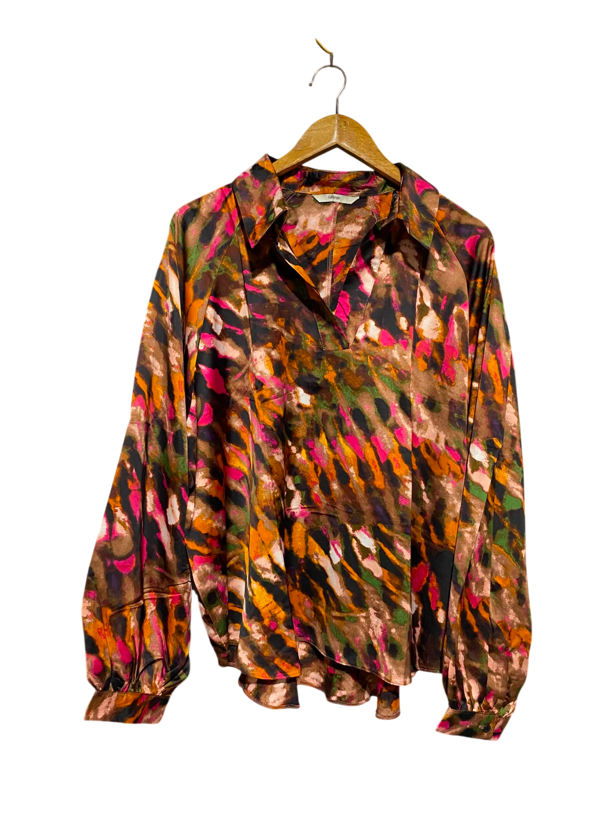 GEORGE |XL| BUST 28| A1| MULTICOLOR ABSTRACT SATIN BLOUSE COLLARED SPLIT V-NECK LONG SLEEVE TOP