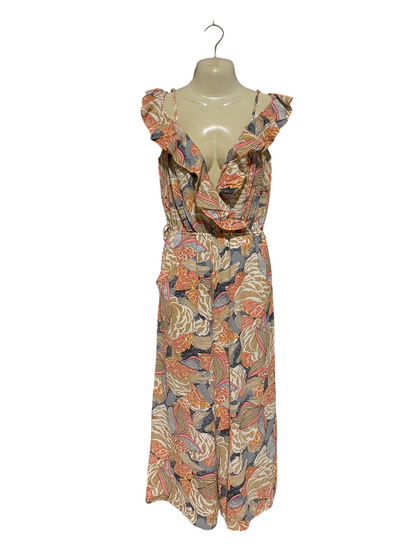 QUIZ |S| BUST 16| A1| FLORAL RUFFLED WIDE-LEG JUMPSUIT PLUNGING V-NECK COLD-SHOULDER ROMPER