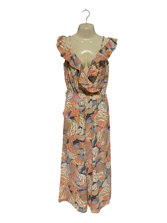 QUIZ |S| BUST 16| A1| FLORAL RUFFLED WIDE-LEG JUMPSUIT PLUNGING V-NECK COLD-SHOULDER ROMPER