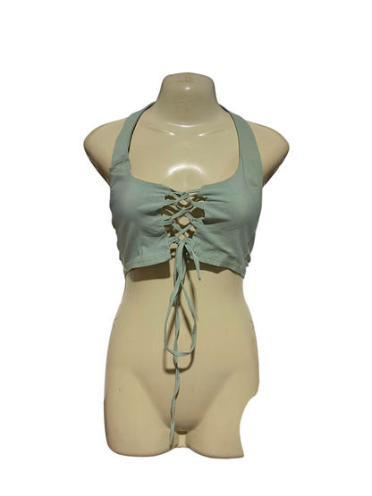 PRETTYLITTLE THING |S| BUST 12| A1| SAGE GREEN LACE-UP FRONT HALTER CROP TOP BOHO FESTIVAL CAMI TANK