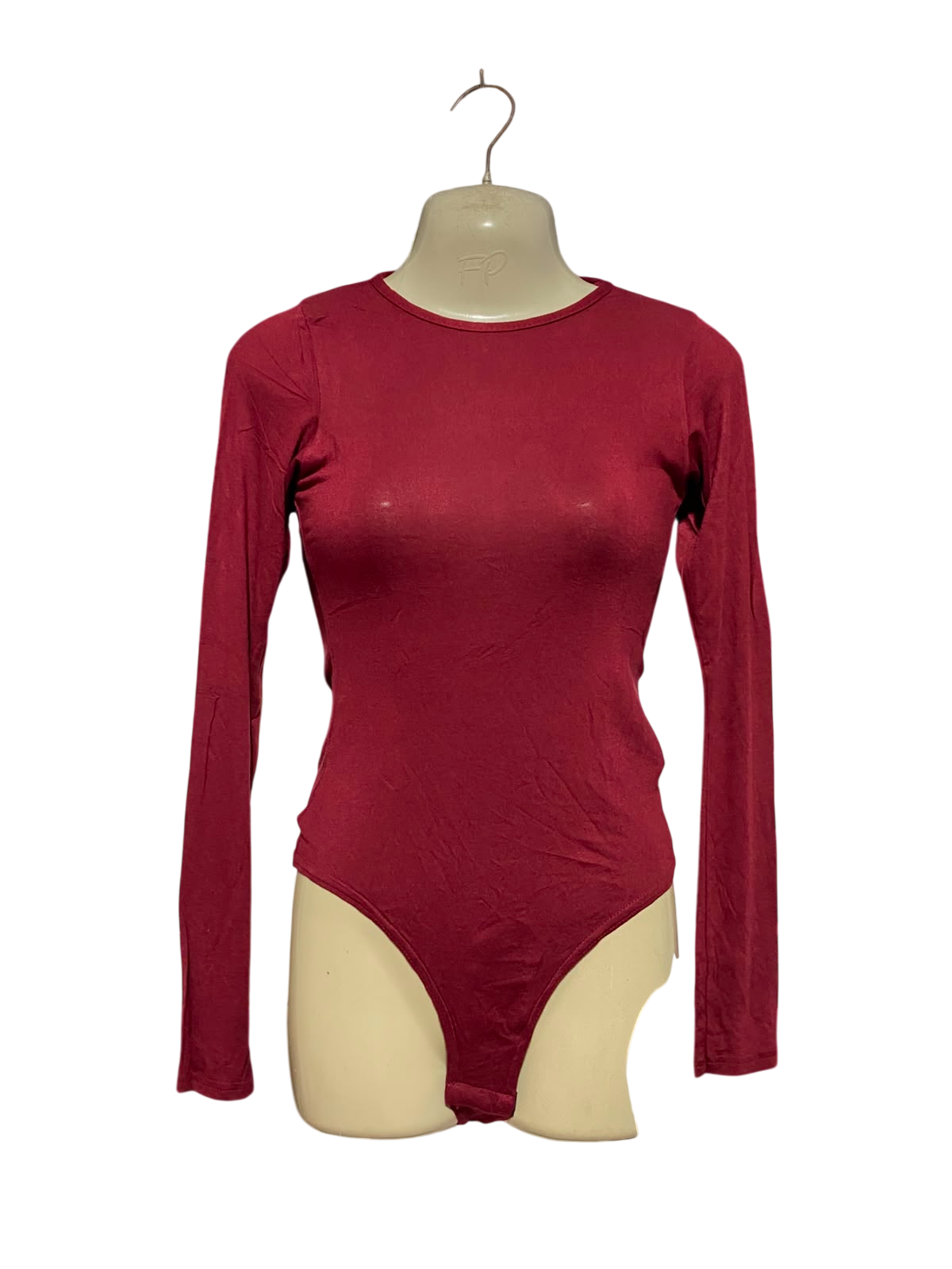 PRETTYLITTLE THING |S| BUST 15| A1| BURG_UNDY RED LONG SLEEVE CREW NECK BODYSUIT STRETCH THONG BOTTOM BASICS