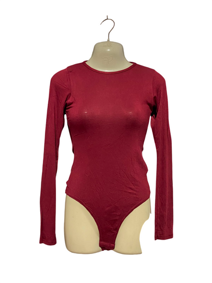 PRETTYLITTLE THING |S| BUST 15| A1| BURG_UNDY RED LONG SLEEVE CREW NECK BODYSUIT STRETCH THONG BOTTOM BASICS