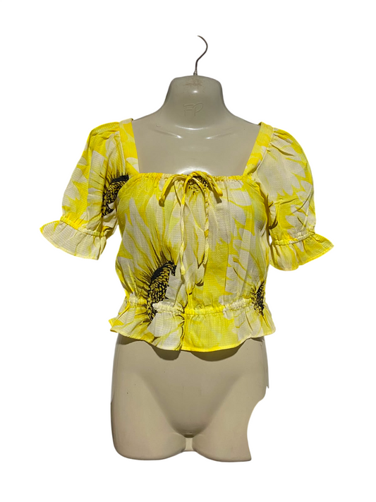 H&M |XS| BUST 16| A1| YELLOW SUNFLOWER CROP TOP SHORT PUFF SLEEVE RUFFLE BOHO COTTAGECORE BLOUSE