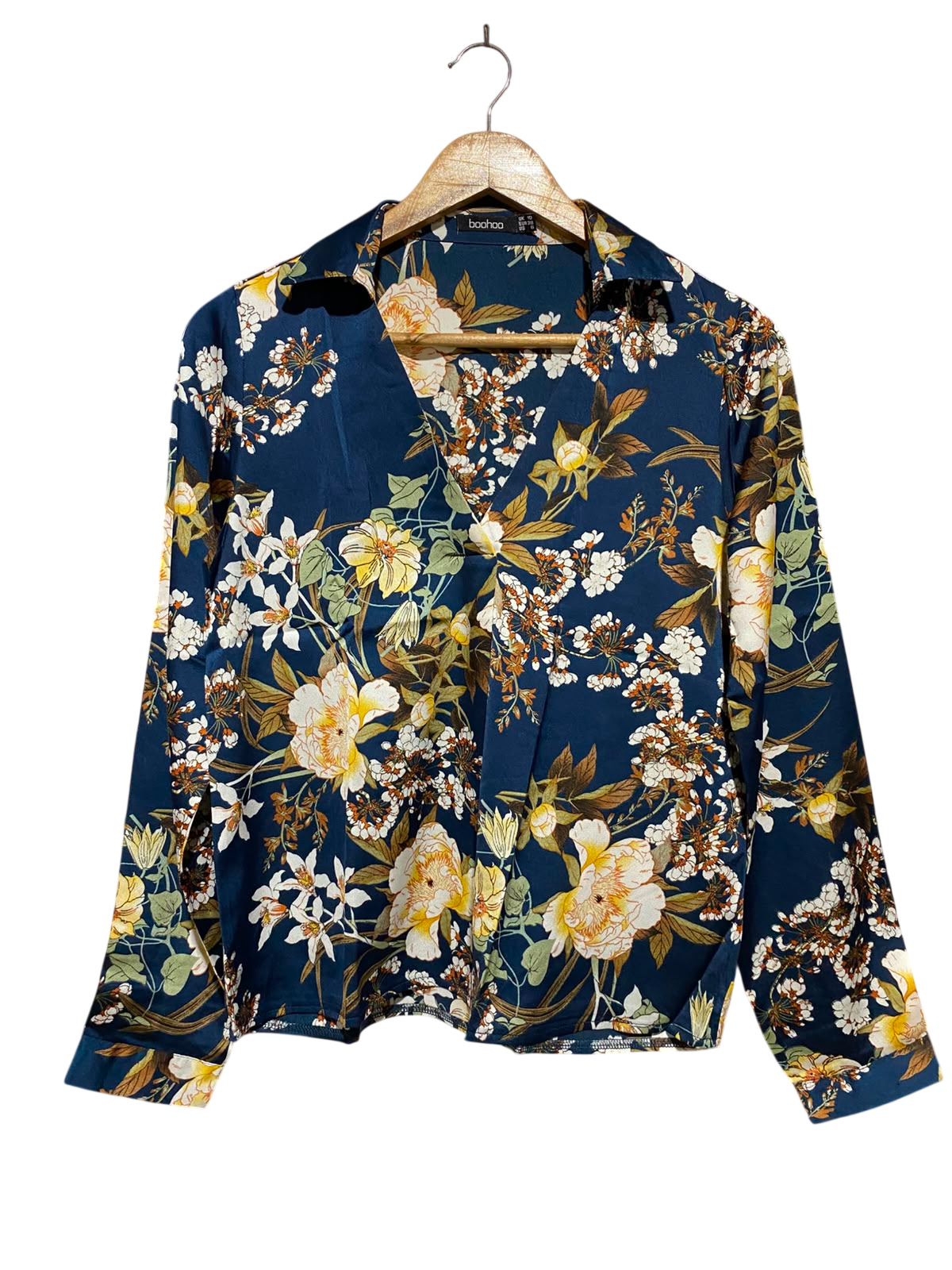 BOOHOO |M| BUST 18| A1| NAVY BLUE SATIN FLORAL WRAP BLOUSE LONG SLEEVE COLLARED TOP