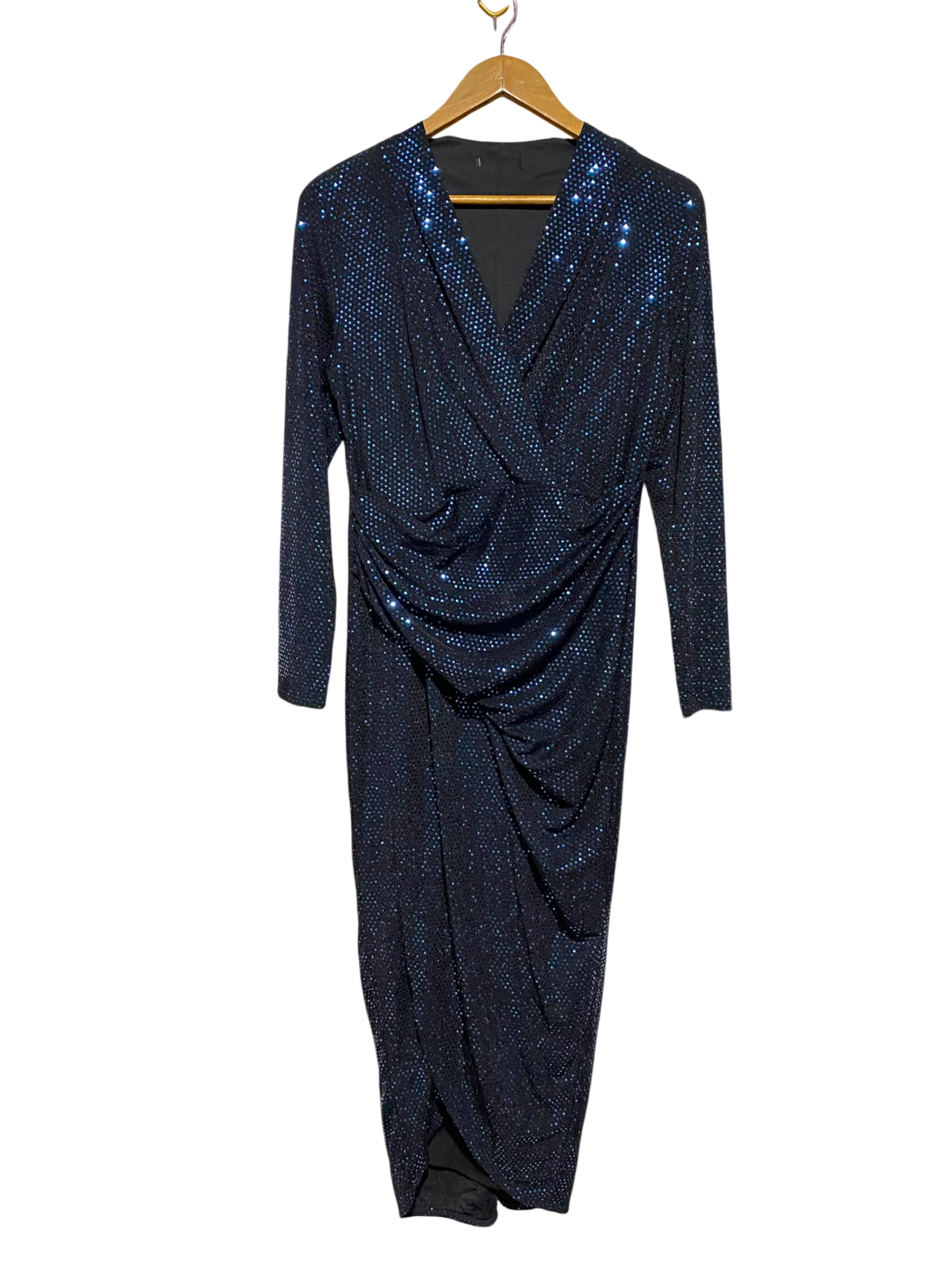 |M| BUST 17| A1| NAVY BLUE SEQUIN WRAP MIDI DRESS GLITTER LONG SLEEVE RUCHE PARTY DRESS
