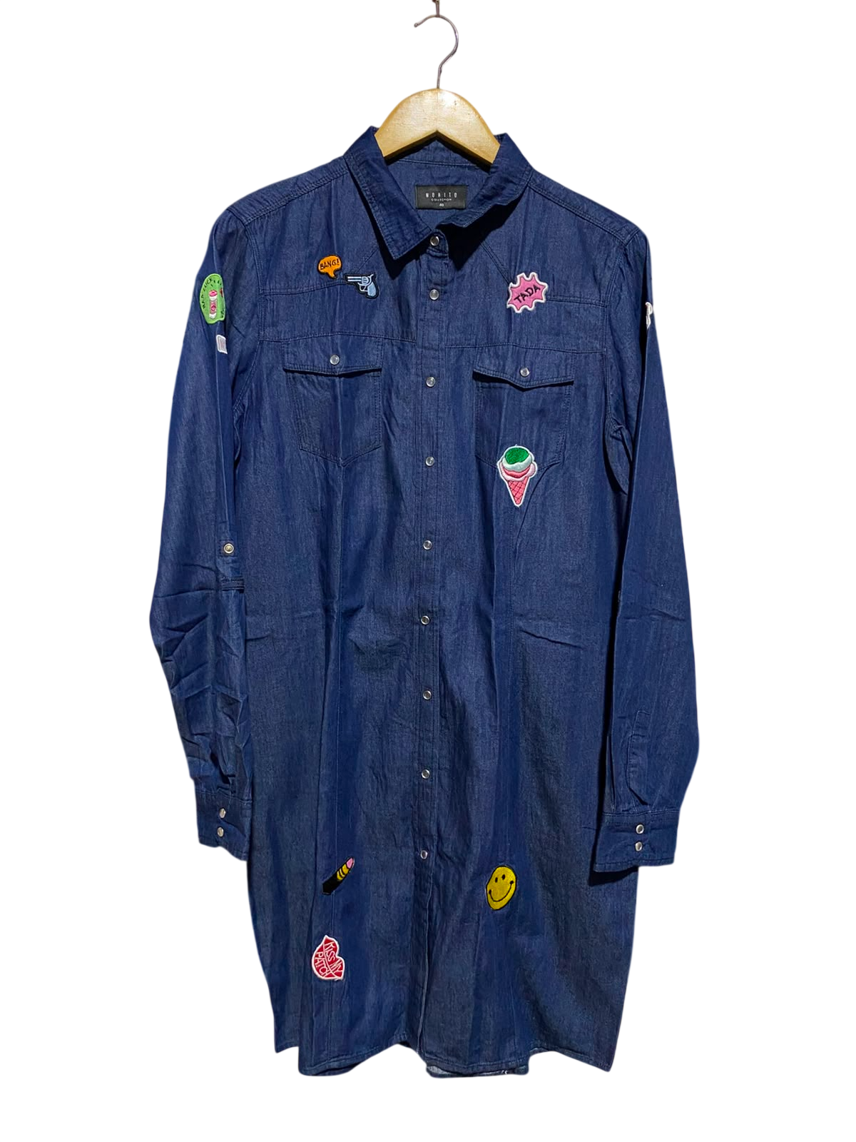MOHITO |L| BUST 20| A1| DARK WASH DENIM SHIRT DRESS WITH NOVELTY EMBROIDERED PATCHES