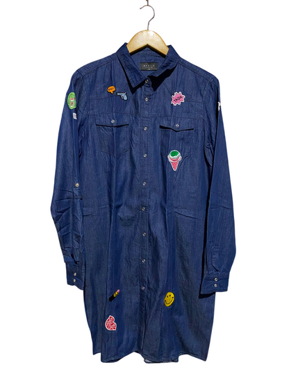 MOHITO |L| BUST 20| A1| DARK WASH DENIM SHIRT DRESS WITH NOVELTY EMBROIDERED PATCHES