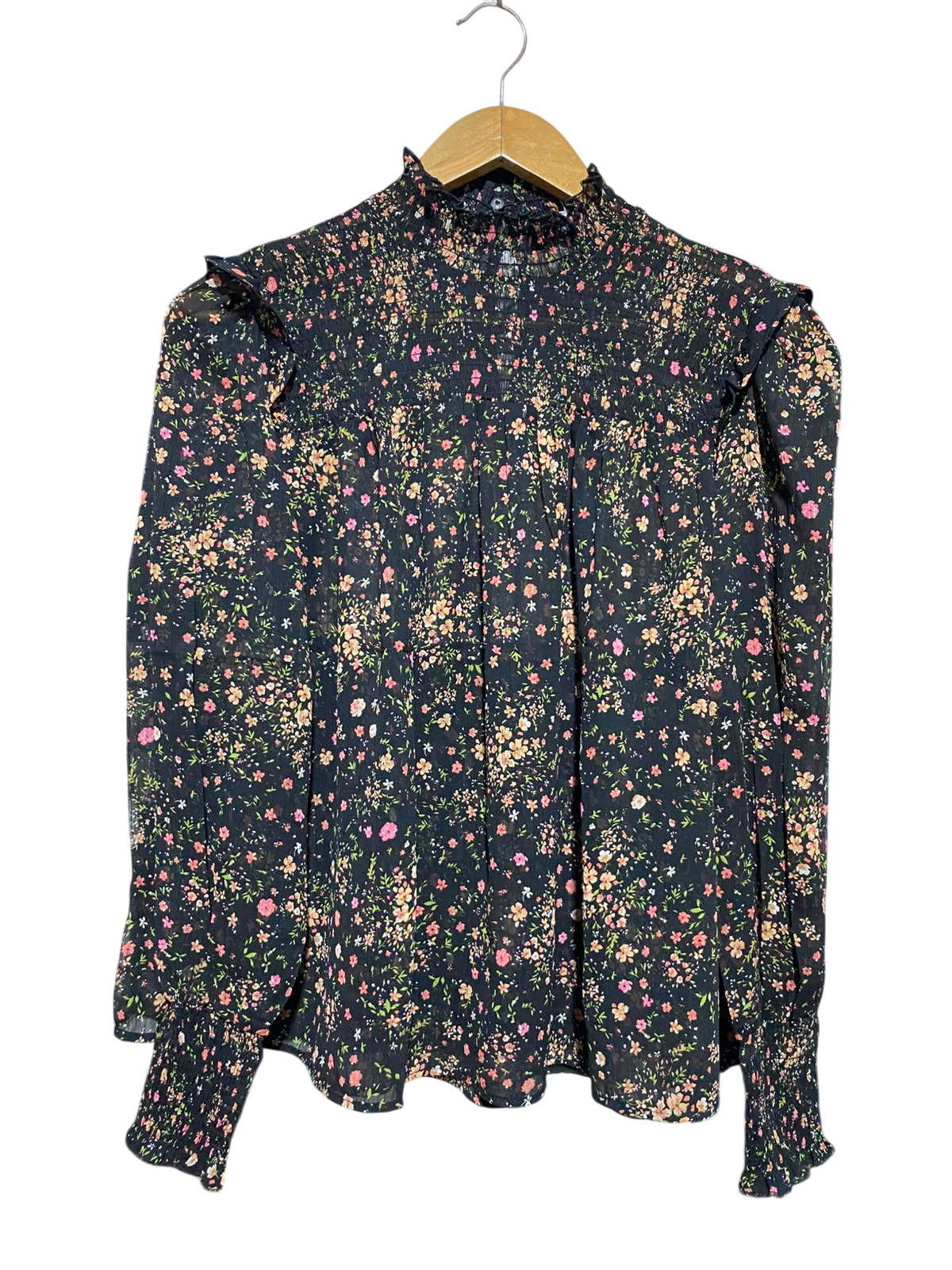 NEW LOOK |M| BUST 20| A1| BLACK DITSY FLORAL SMOCKED HIGH-NECK BLOUSE RUFFLE LONG-SLEEVE TOP