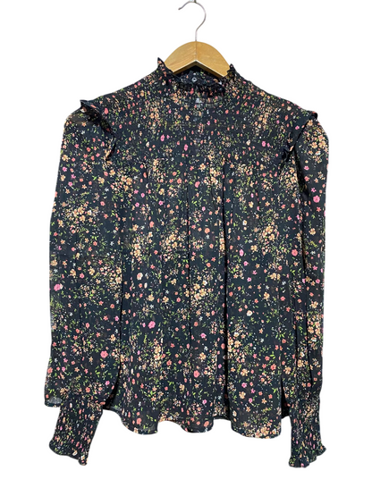 NEW LOOK |M| BUST 20| A1| BLACK DITSY FLORAL SMOCKED HIGH-NECK BLOUSE RUFFLE LONG-SLEEVE TOP