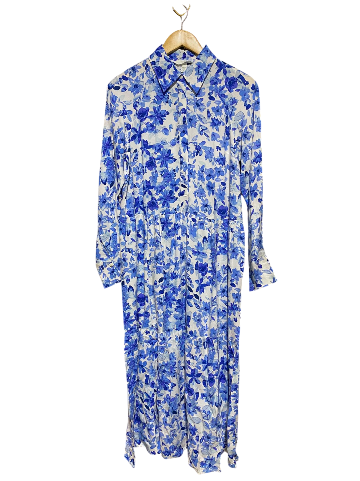 H&M |M| BUST 18| A1| BLUE AND WHITE FLORAL TIERED SHIRT DRESS COLLARED LONG-SLEEVE MIDI MAXI DRESS