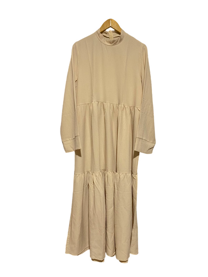 SHEIN |XL| BUST 20| A1| BEIGE HIGH-NECK TIERED MAXI DRESS MODEST LONG-SLEEVE TEXTURED SMOCK DRESS