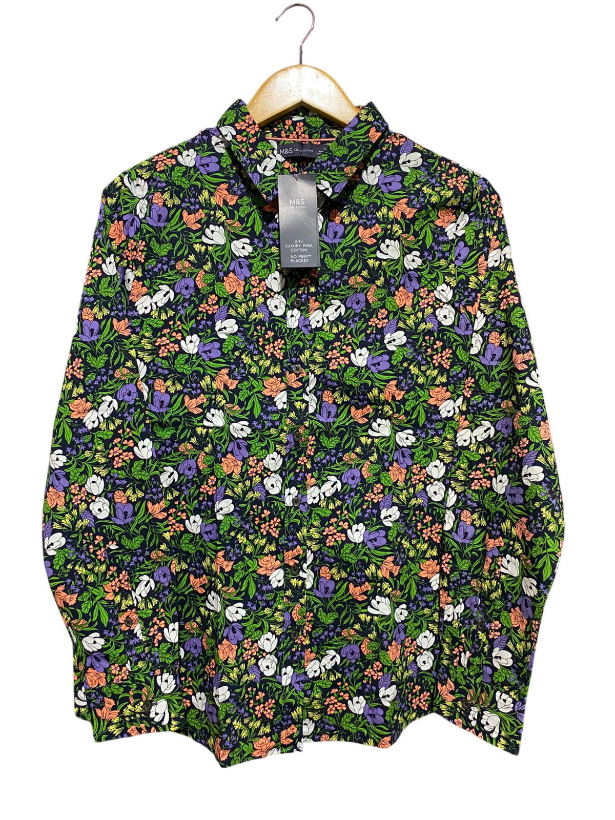 M&S |L| BUST 21| A2| LUXURY PIMA COTTON NO PEEP PLACKET FLORAL BUTTON-DOWN SHIRT