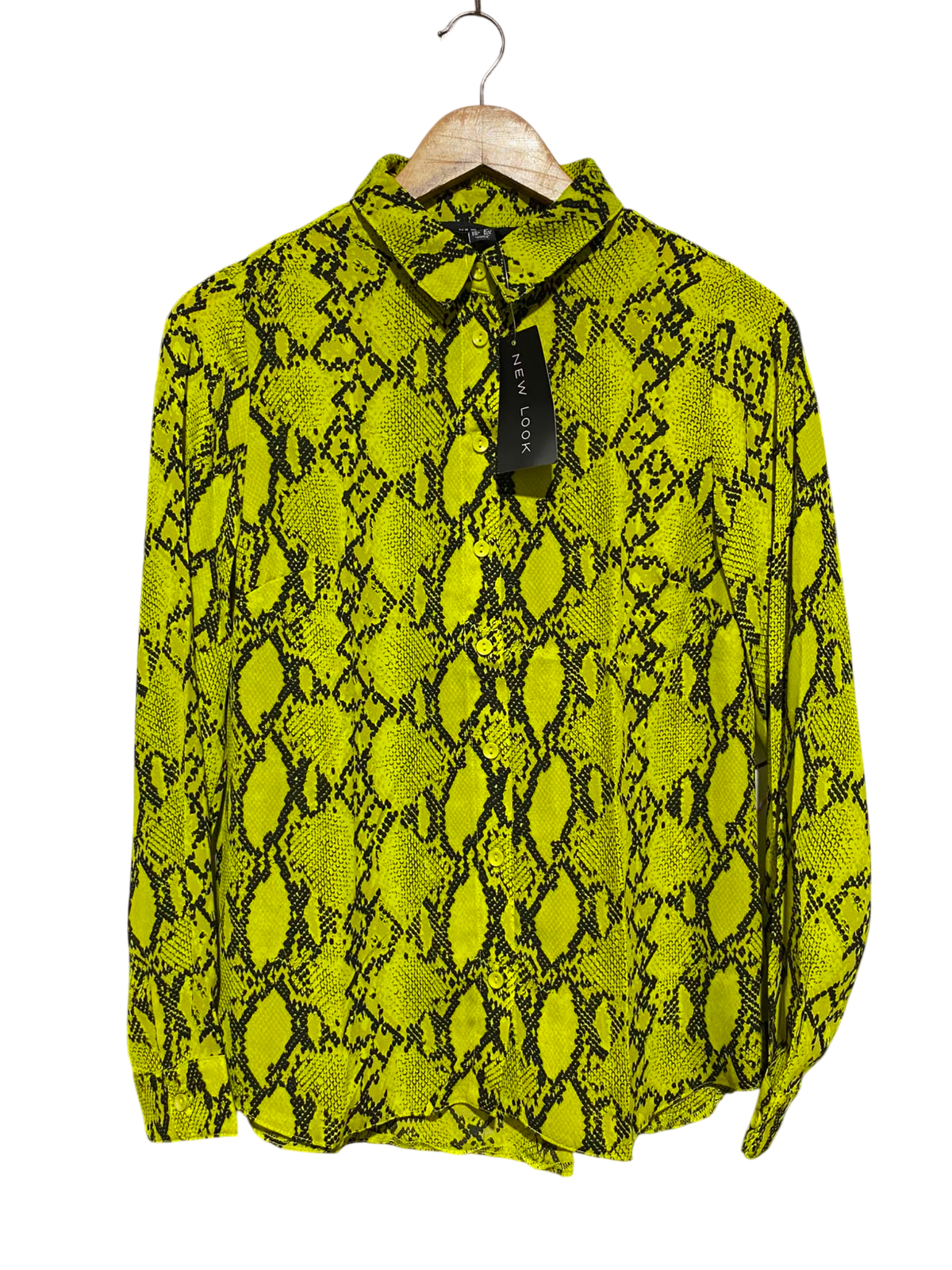 NEW LOOK |M| BUST 19| A2| LIME GREEN NEON SNAKESKIN PRINT BUTTON-DOWN LONG-SLEEVE SHIRT BLOUSE