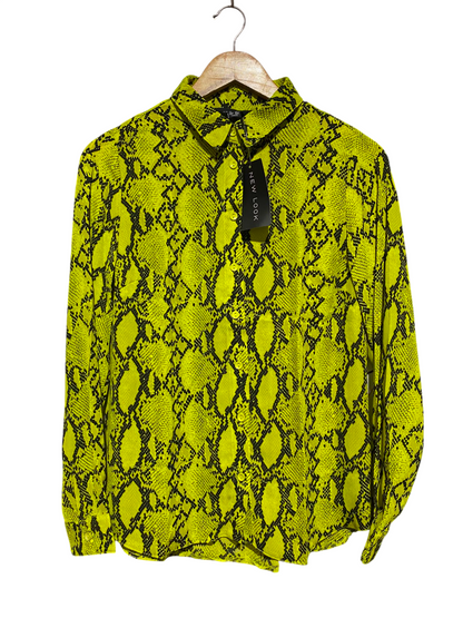 NEW LOOK |M| BUST 19| A2| LIME GREEN NEON SNAKESKIN PRINT BUTTON-DOWN LONG-SLEEVE SHIRT BLOUSE