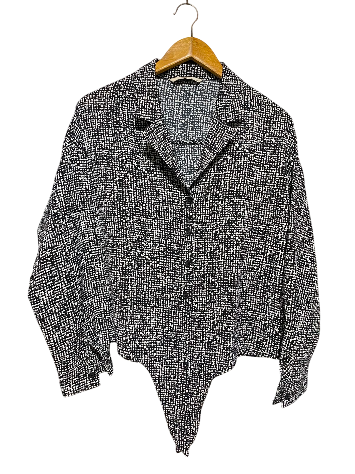 TU WOMAN |M| BUST 22| A2| BLACK AND WHITE GEOMETRIC GRID PRINT FRONT TIE CROPPED BUTTON-DOWN SHIRT