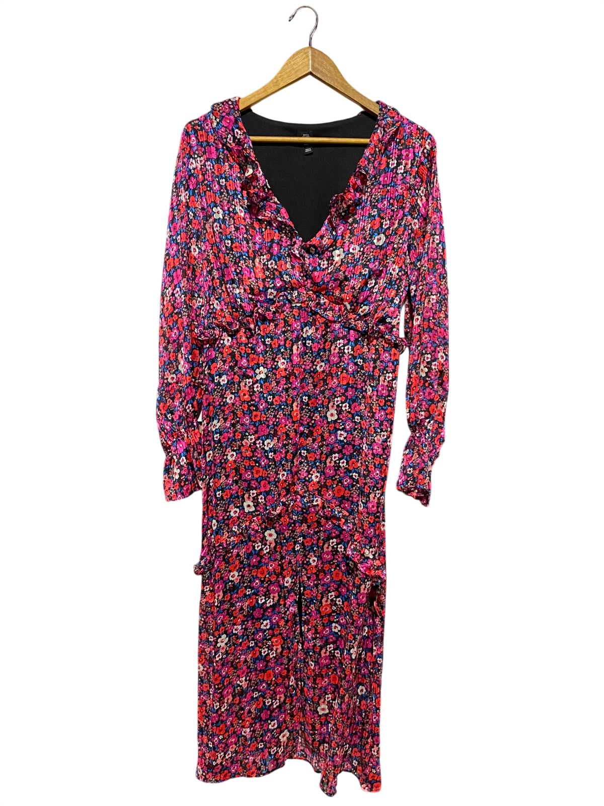 RIVER ISLAND |M| BUST 19| A2| DITSY FLORAL PLISSE RUFFLE V-NECK MIDI DRESS LONG SLEEVE