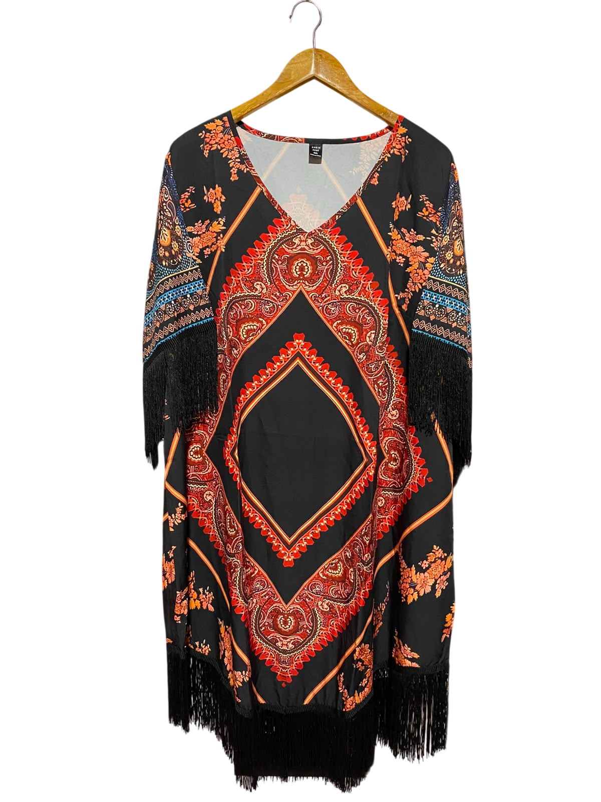 SHEIN CURVE |XXL| BUST 27| A2| BOHO PAISLEY PRINT FRINGE HEM KAFTAN DRESS / BEACH COVER-UP