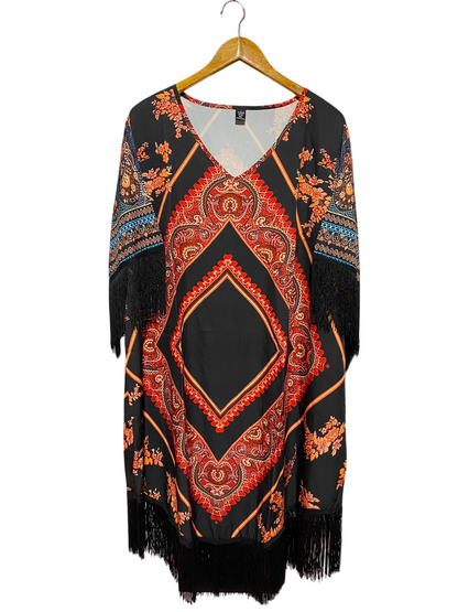 SHEIN CURVE |XXL| BUST 27| A2| BOHO PAISLEY PRINT FRINGE HEM KAFTAN DRESS / BEACH COVER-UP
