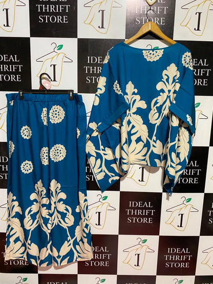 SHEIN CURVE |XXL| A2| TEAL BLUE AND CREAM DAMASK PRINT TWO-PIECE CO-ORD SET