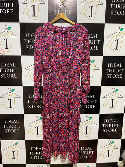 RIVER ISLAND |M| BUST 19| A2| DITSY FLORAL PLISSE RUFFLE V-NECK MIDI DRESS LONG SLEEVE