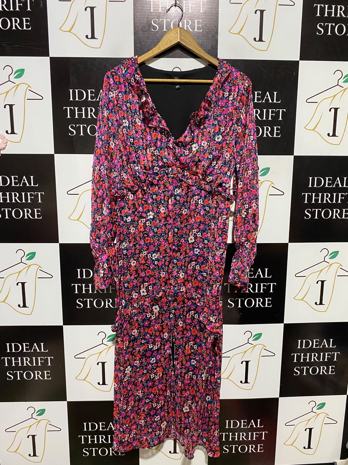 RIVER ISLAND |M| BUST 19| A2| DITSY FLORAL PLISSE RUFFLE V-NECK MIDI DRESS LONG SLEEVE