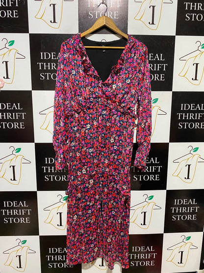 RIVER ISLAND |M| BUST 19| A2| DITSY FLORAL PLISSE RUFFLE V-NECK MIDI DRESS LONG SLEEVE