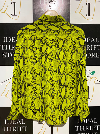 NEW LOOK |M| BUST 19| A2| LIME GREEN NEON SNAKESKIN PRINT BUTTON-DOWN LONG-SLEEVE SHIRT BLOUSE