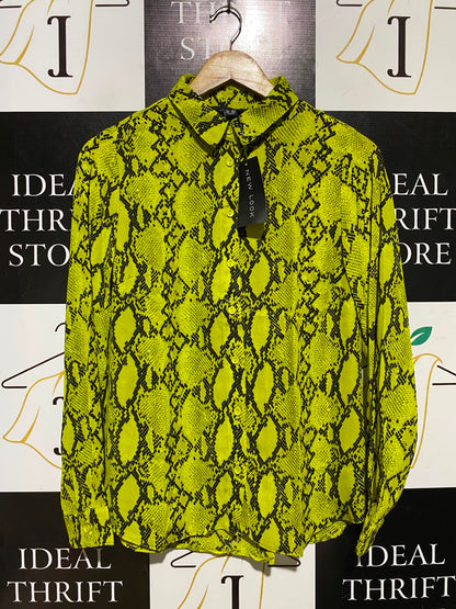 NEW LOOK |M| BUST 19| A2| LIME GREEN NEON SNAKESKIN PRINT BUTTON-DOWN LONG-SLEEVE SHIRT BLOUSE