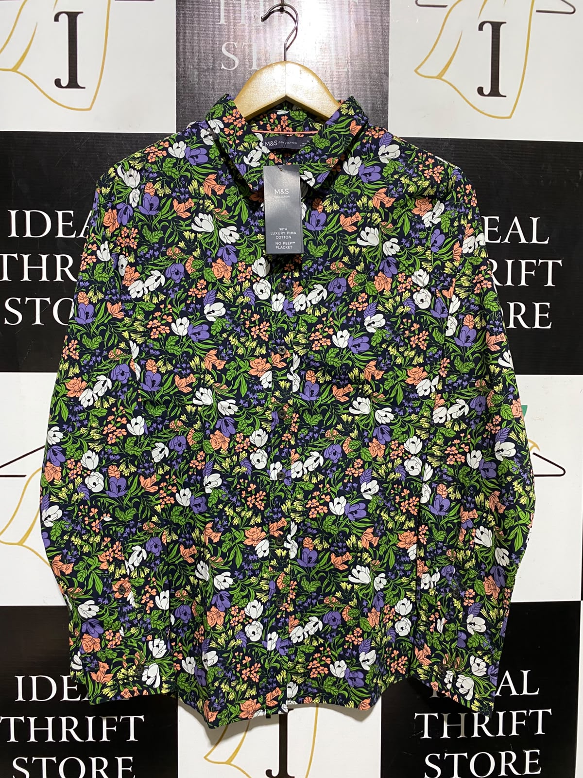 M&S |L| BUST 21| A2| LUXURY PIMA COTTON NO PEEP PLACKET FLORAL BUTTON-DOWN SHIRT