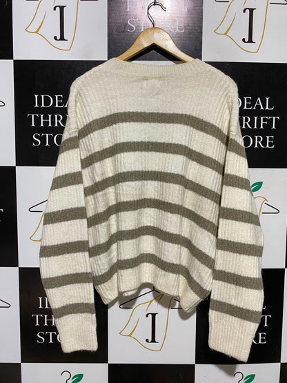H&M |L| BUST 25| A2| CREAM AND TAUPE STRIPED CREWNECK KNIT SWEATER PULLOVER