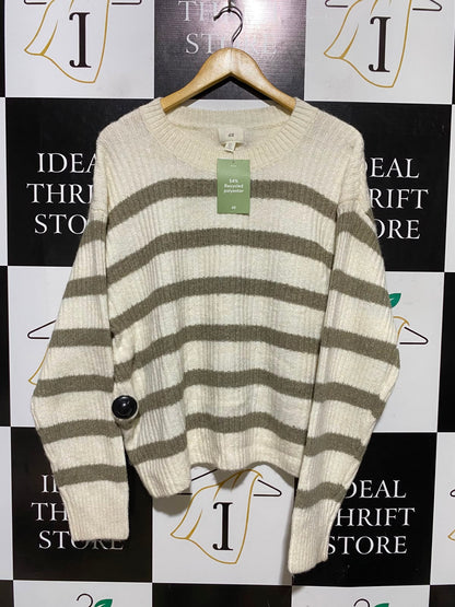H&M |L| BUST 25| A2| CREAM AND TAUPE STRIPED CREWNECK KNIT SWEATER PULLOVER