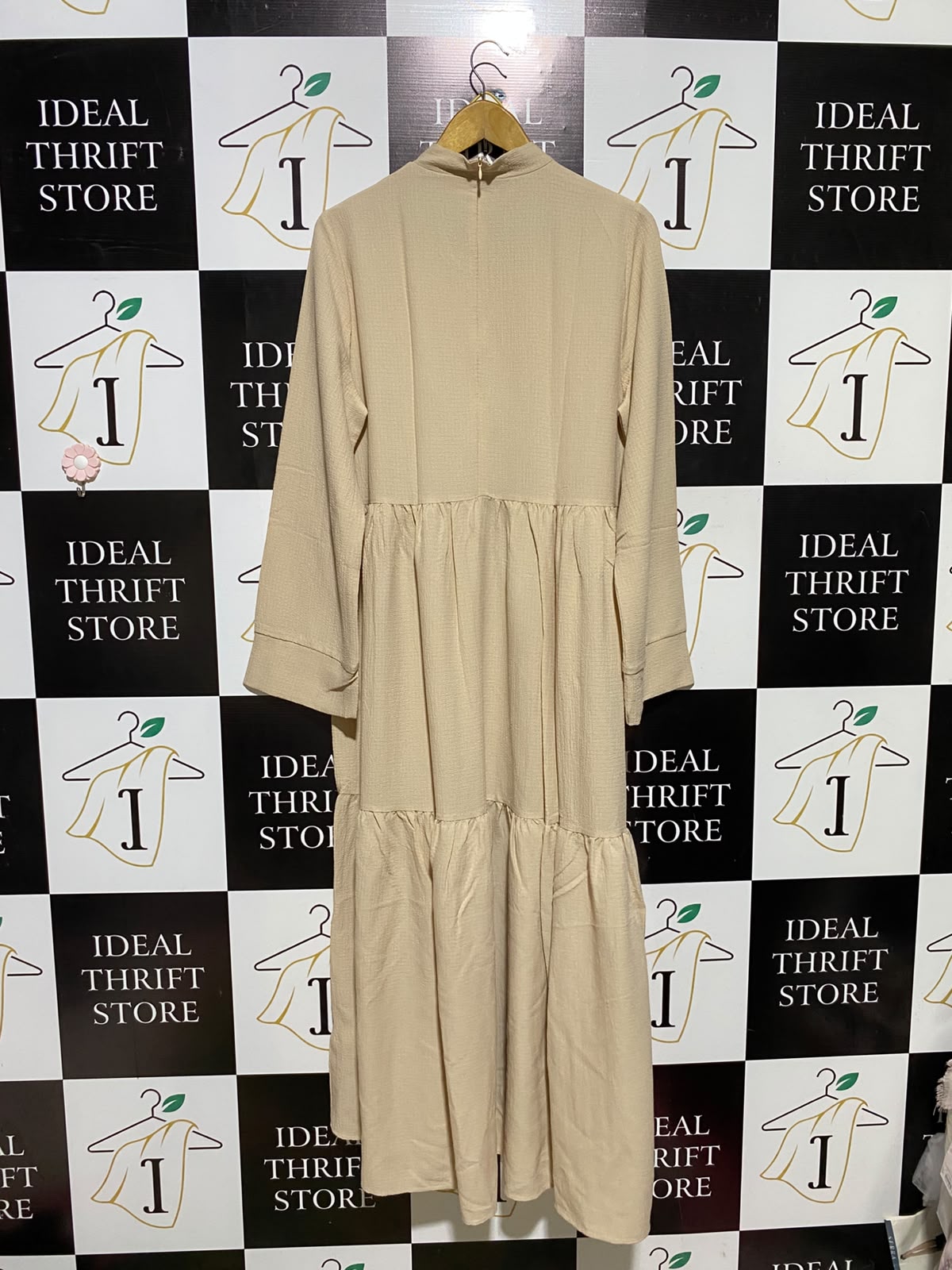 SHEIN |XL| BUST 20| A1| BEIGE HIGH-NECK TIERED MAXI DRESS MODEST LONG-SLEEVE TEXTURED SMOCK DRESS