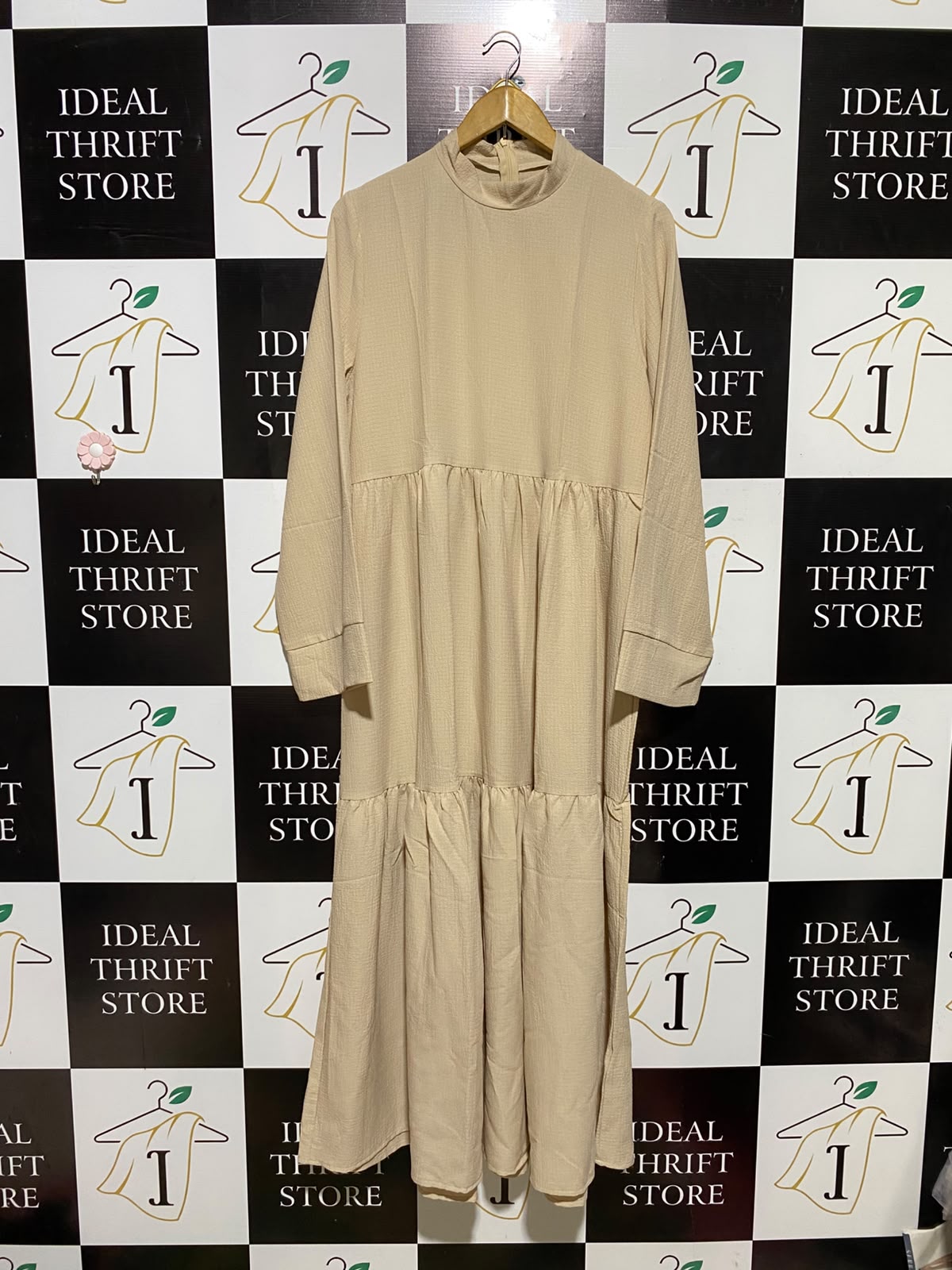 SHEIN |XL| BUST 20| A1| BEIGE HIGH-NECK TIERED MAXI DRESS MODEST LONG-SLEEVE TEXTURED SMOCK DRESS