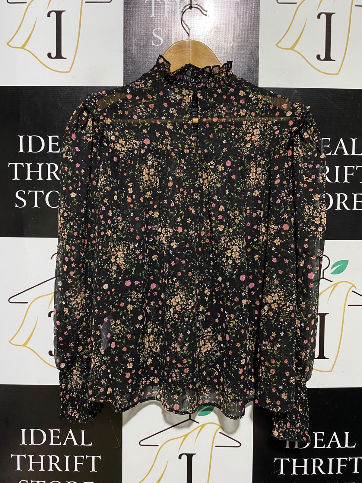 NEW LOOK |M| BUST 20| A1| BLACK DITSY FLORAL SMOCKED HIGH-NECK BLOUSE RUFFLE LONG-SLEEVE TOP