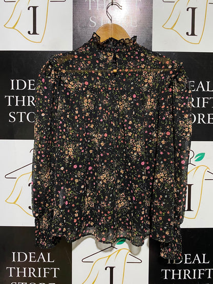 NEW LOOK |M| BUST 20| A1| BLACK DITSY FLORAL SMOCKED HIGH-NECK BLOUSE RUFFLE LONG-SLEEVE TOP